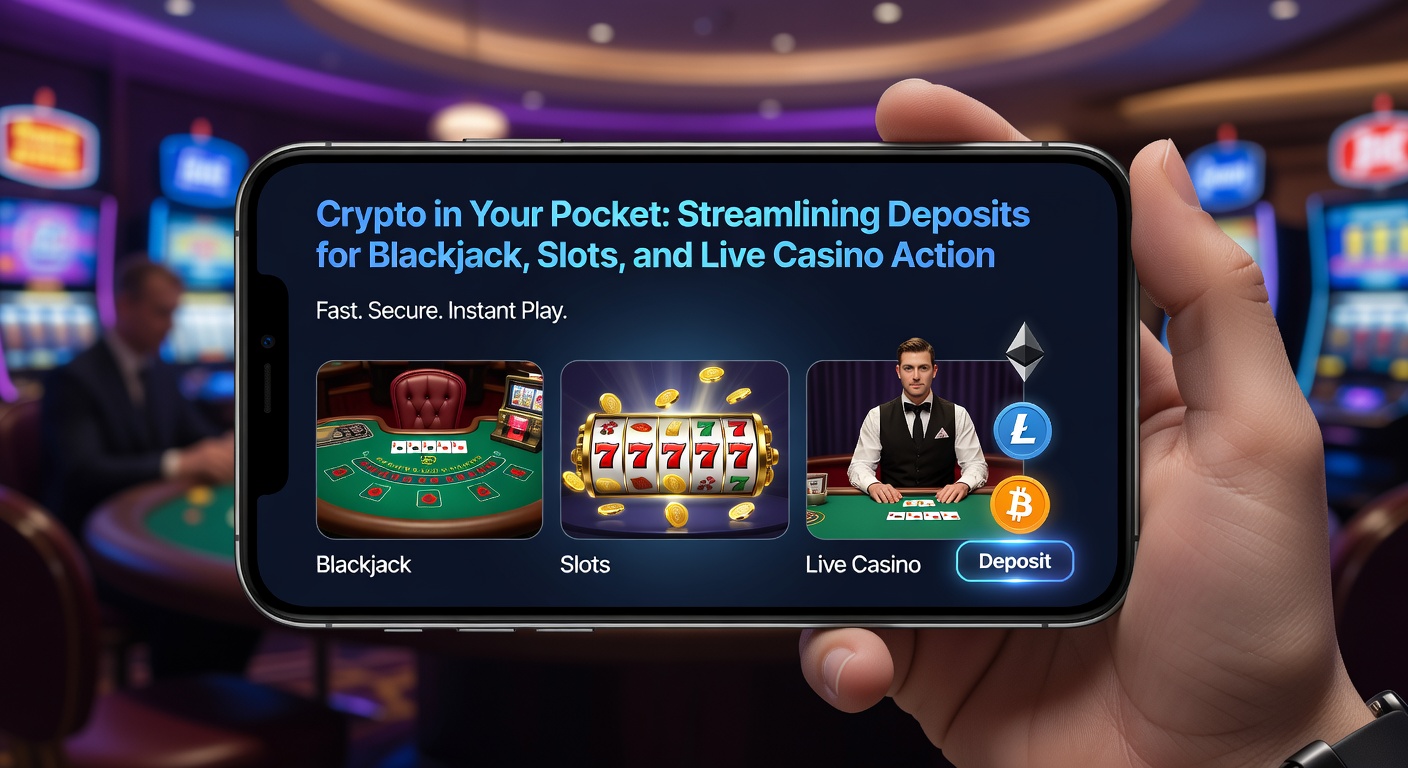Illustration of various cryptocurrencies flowing into a virtual casino vault, with icons for blackjack cards, slot machines, and live dealer tables emerging