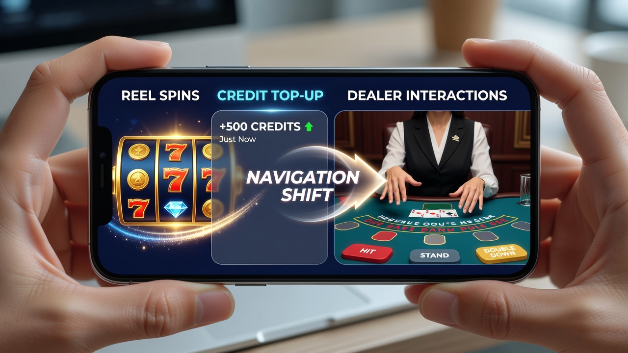 Smartphone screen showing casino app interface with slot reels and live dealer options after a credit top-up