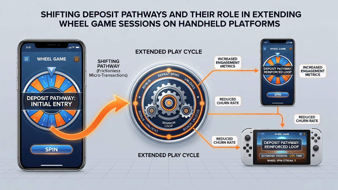 Illustration of deposit pathway flows connecting mobile banking to wheel game interfaces
