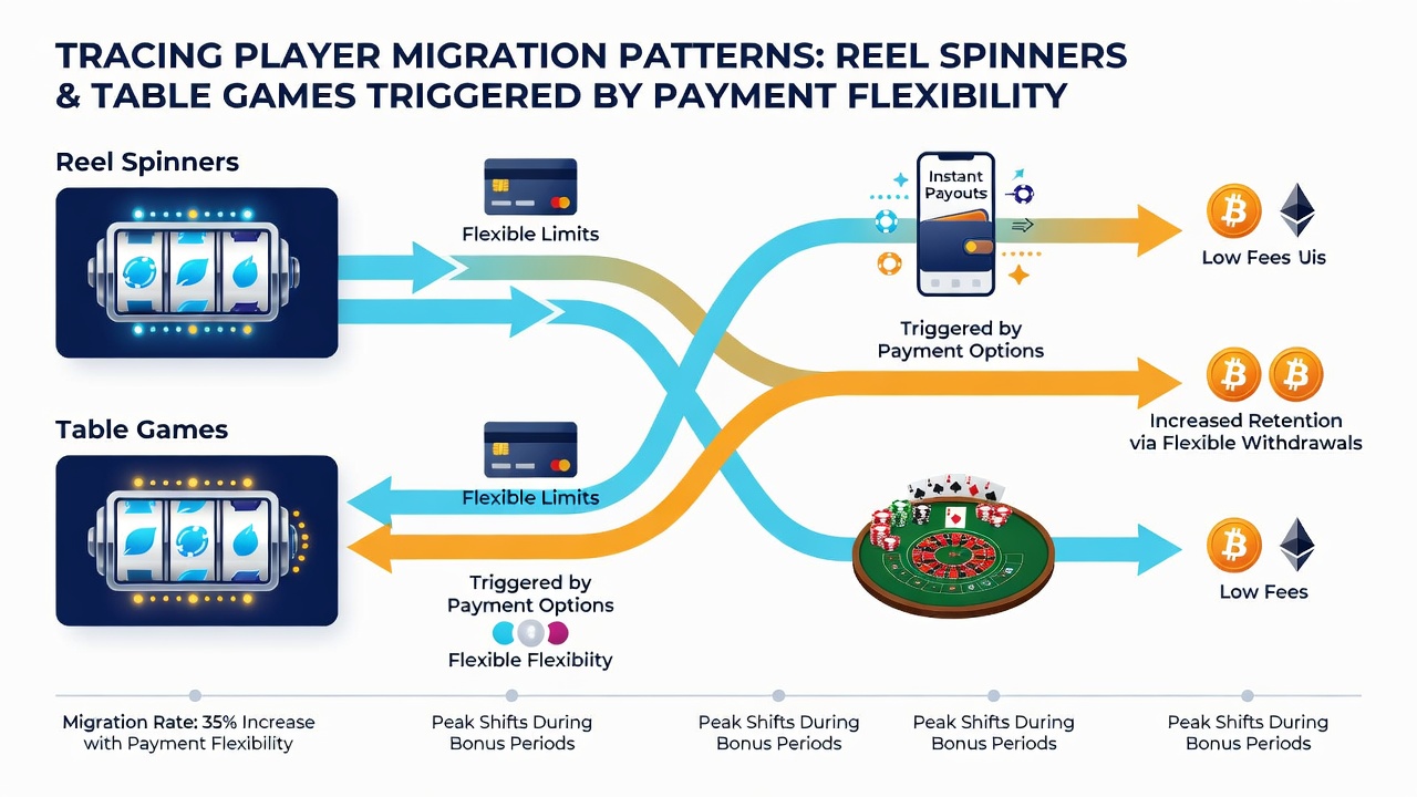 Analytics dashboard displaying player migration flows from slot machines to table games via mobile payment systems